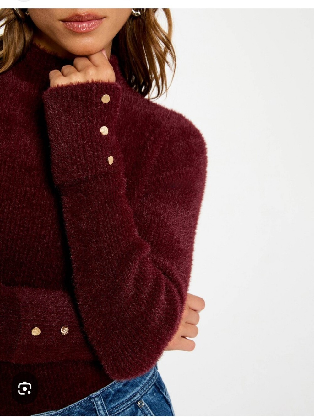 Bailey 44 Rusty Plum Mock Neck Sweater with Gold Button Cuff Detail Super Soft